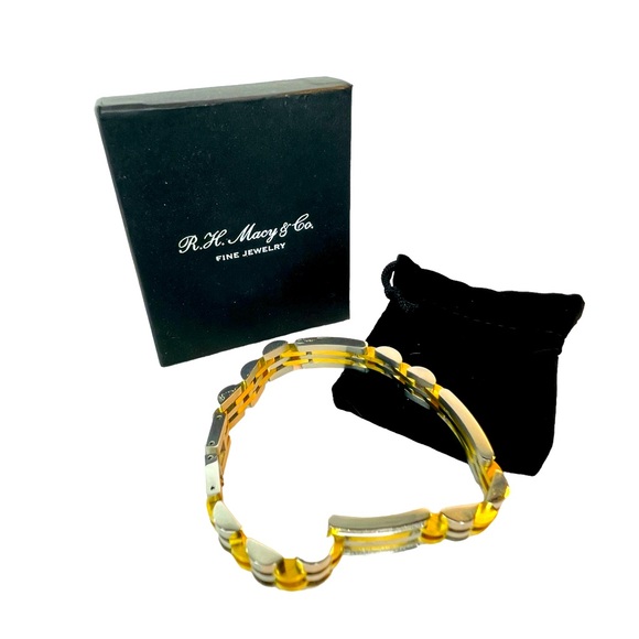 R.H. Macy Mens Two Toned Stainless Steel Metal Link Diamond Bracelet 9” Long - Picture 2 of 16